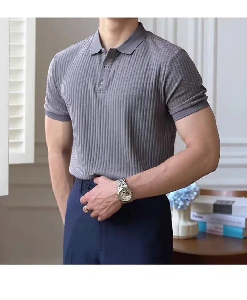New Vertical Stripe Knit Polo Men's Shirts Summer Slim Solid Color Breathable Turn-Down Collar Business Short Sleeve Polo Tops