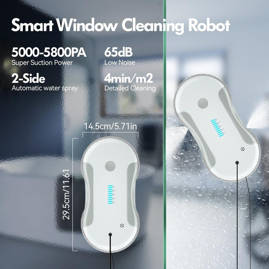 Robô de limpeza, robô limpador de janelas inteligente de 5800Pa com pulverizador de água duplo de 80ml, com planejamento de percurso e detecção de bordas para uso interno