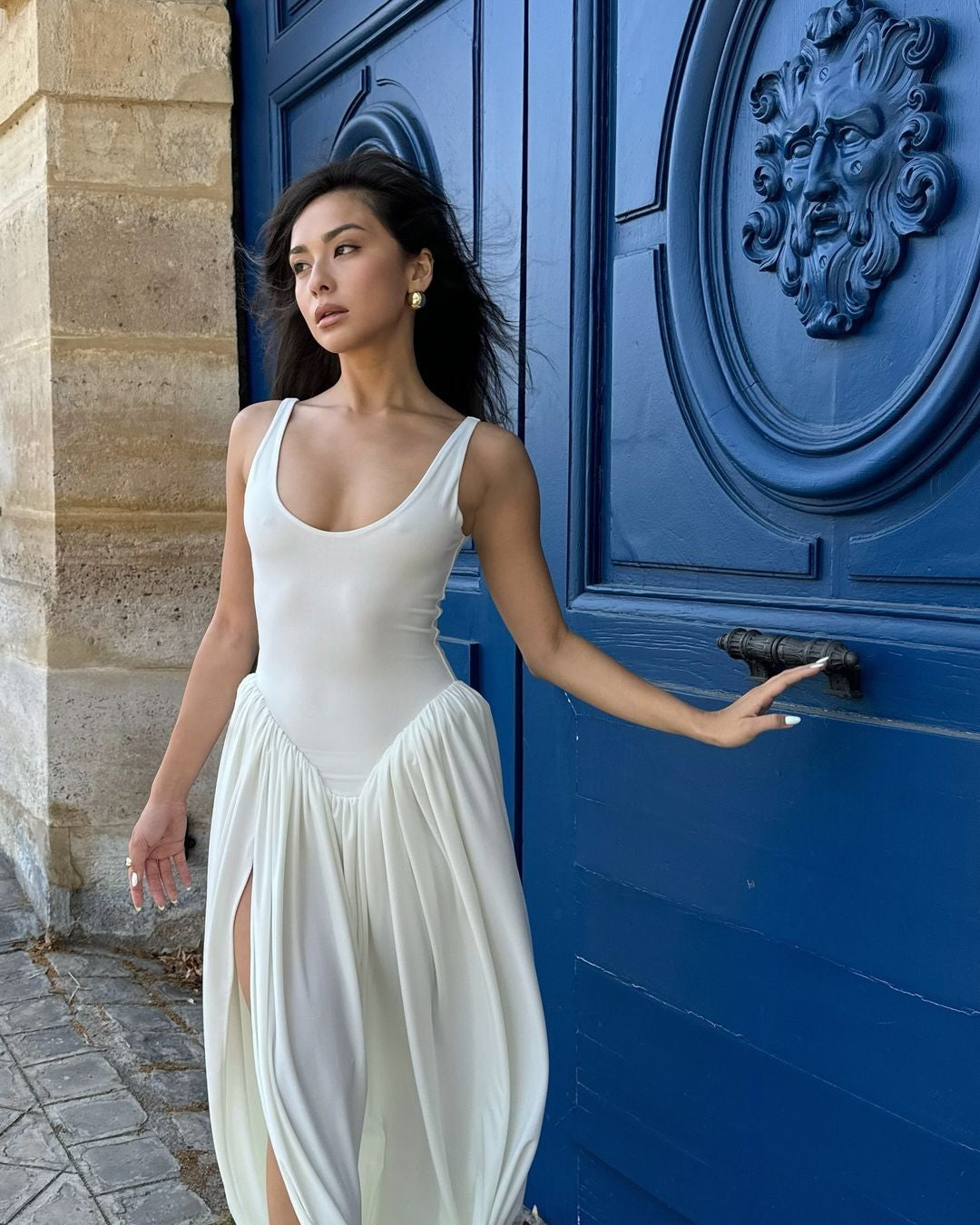 Women Sleeveless High Waist Split Sling Dresses White Elegant U Neck Irregular P