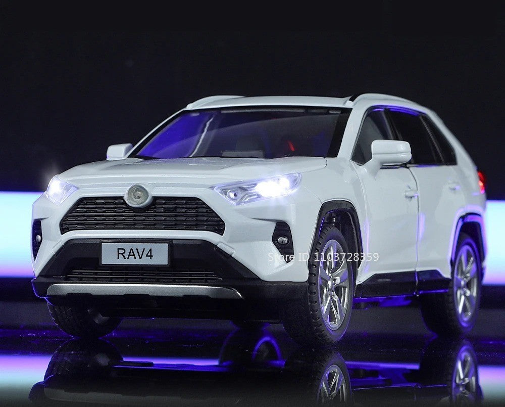 Miniaturas de carros Highlander RAV4 em liga fundida escala 1:24, com som, luz, portas que abrem, função de fricção e absorção de choque – Presente para meninos