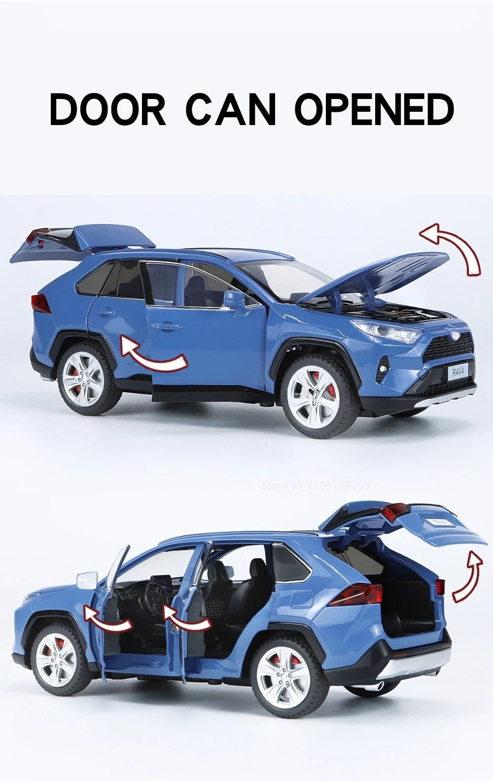Miniaturas de carros Highlander RAV4 em liga fundida escala 1:24, com som, luz, portas que abrem, função de fricção e absorção de choque – Presente para meninos