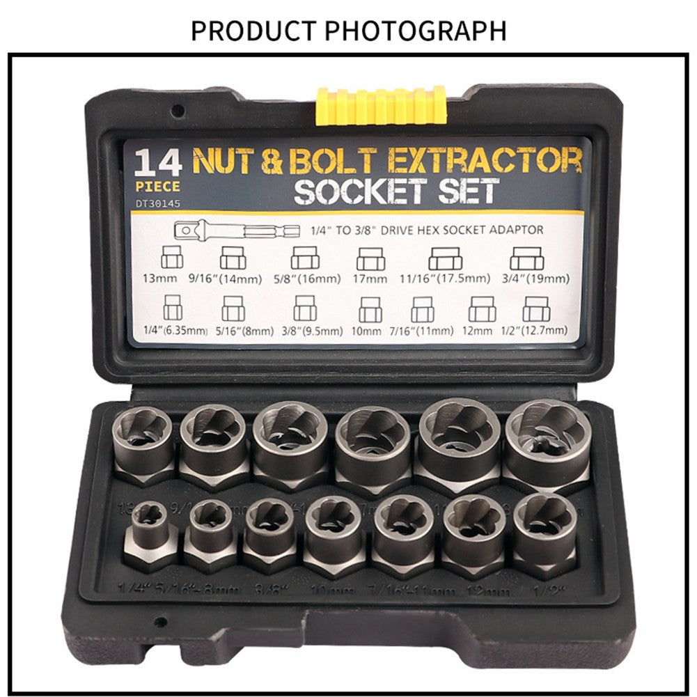 Conjunto de 14 Peças Extrator de Parafuso e Porca de Impacto, Aço Cr-Mo, Conjunto de Ferramentas Extratoras de Parafusos com Estojo de Armazenamento Sólido para Dropshipping Industrial