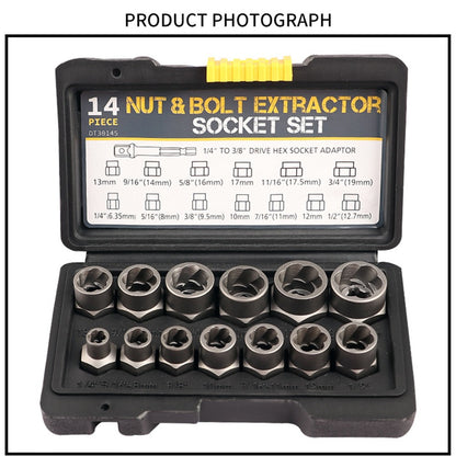 Conjunto de 14 Peças Extrator de Parafuso e Porca de Impacto, Aço Cr-Mo, Conjunto de Ferramentas Extratoras de Parafusos com Estojo de Armazenamento Sólido para Dropshipping Industrial