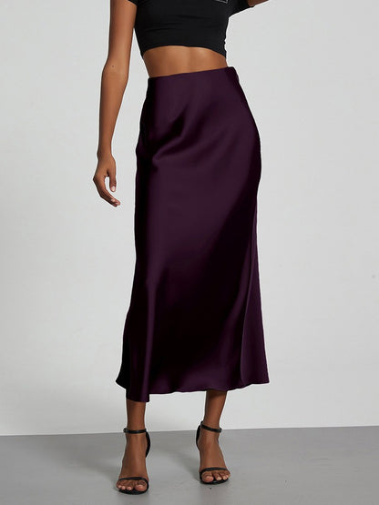 Fashion Satin Party Long Skirt High Waist Solid Color Casual Basic Women Skirts