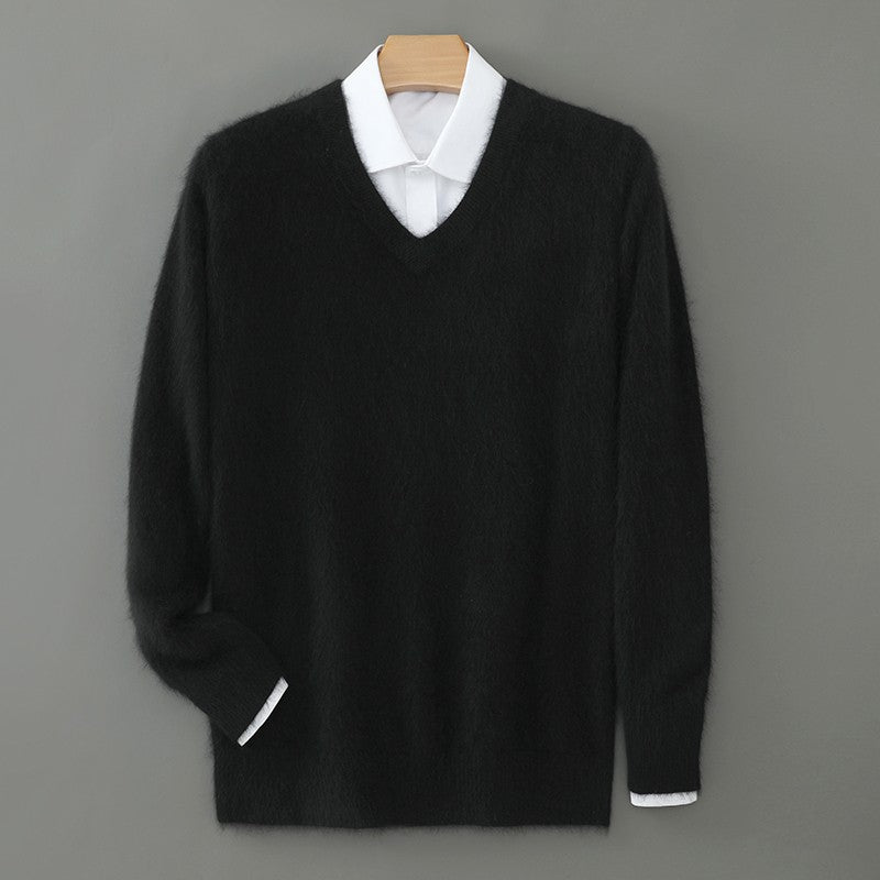 Autumn And Winter New Warm Pure Mink Cashmere Sweater Men's V-neck Pullover Thickened Plus Size Knitted Bottoming Shirt