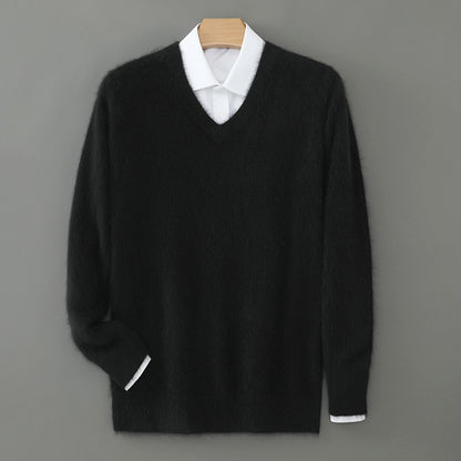 Autumn And Winter New Warm Pure Mink Cashmere Sweater Men's V-neck Pullover Thickened Plus Size Knitted Bottoming Shirt