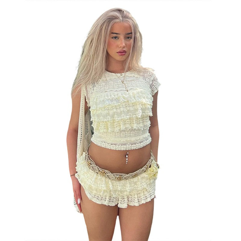 2025 New Fashion Sweet Temperament Solid Color Lace Spice Girl Pleated Low Waist Navel Shorts Femininity Sexy