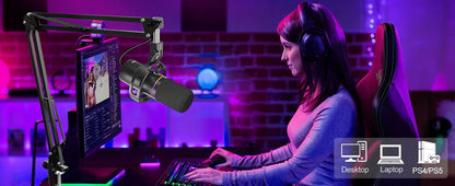 Kit de Microfone Dinâmico XLR/USB, Microfone de PC para Transmissão, Podcast, Jogos, RGB, Função de Silenciar e Cancelamento de Ruído, Volume