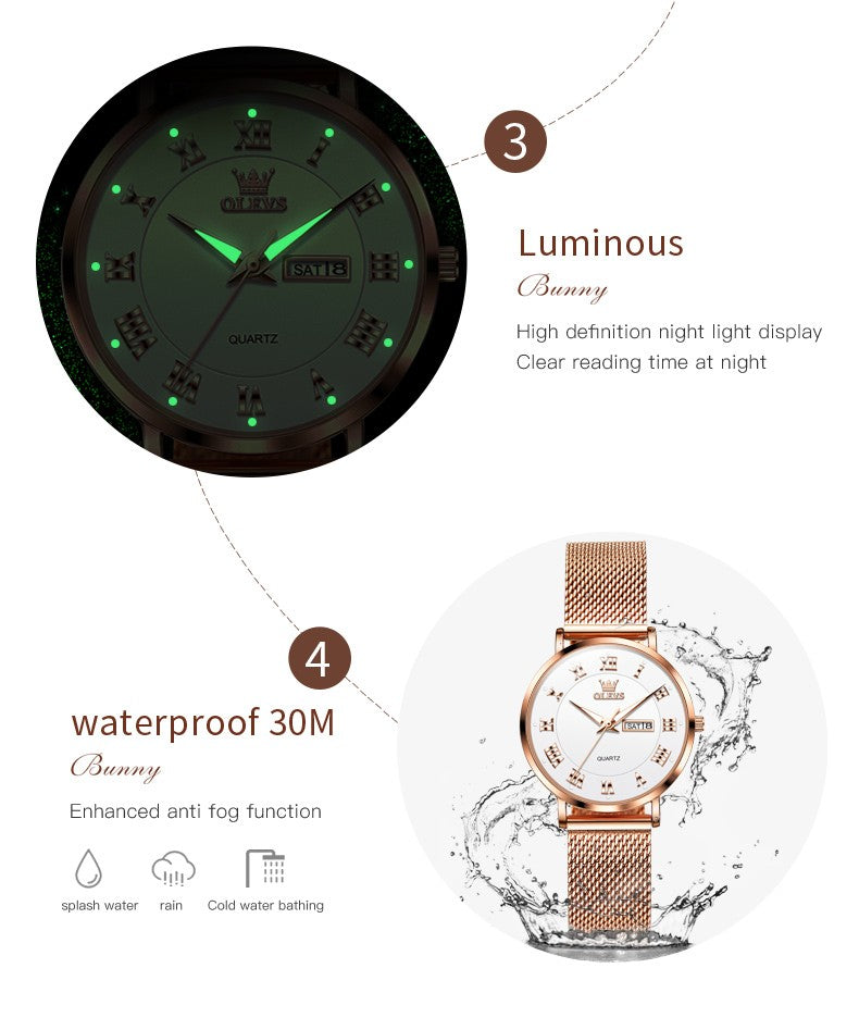 OLEVS 2920 Women's Watch Top Quality Stainless Steel Waterproof Double Calendar Quartz Watch Classic Fashion Luxury Women Watch