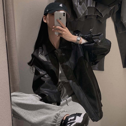 Sli Loose PU Leather Jaet Women's Chic Retro Collar Versatile BF Sle Motorcycle Clothes Trendy Long Sve Zipper