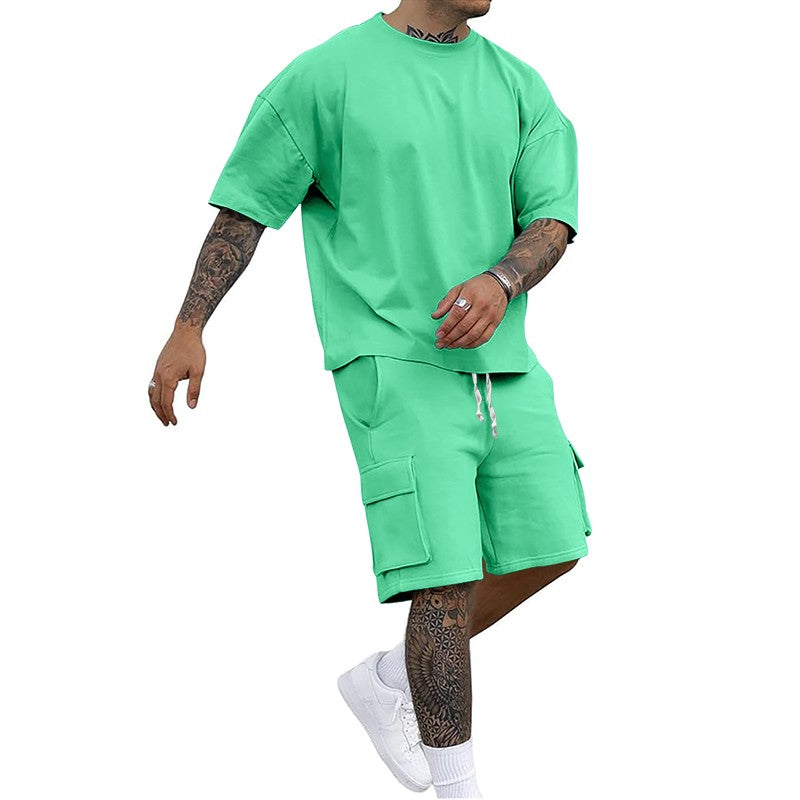 Summer new men's round neck short sleeve T-shirt shirt shorts two-piece suit loose large size ice