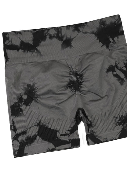 2pcs Women's High-Waist Tie-Dye Yoga Shorts - Seamless, Booty Lifting, Stretchy Nylon & Spandex Blend, Red & Grey