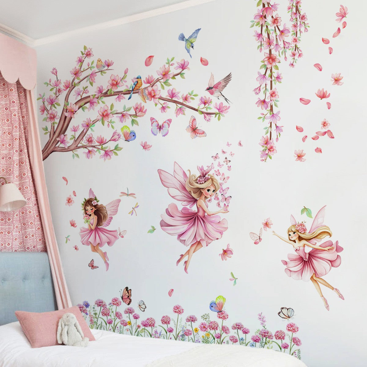 Pink Tree Branches Birds Butterflies Elf Girls Meet Wall Stickers Bedroom Children's Room Home Wall Decoration Self-adhesive