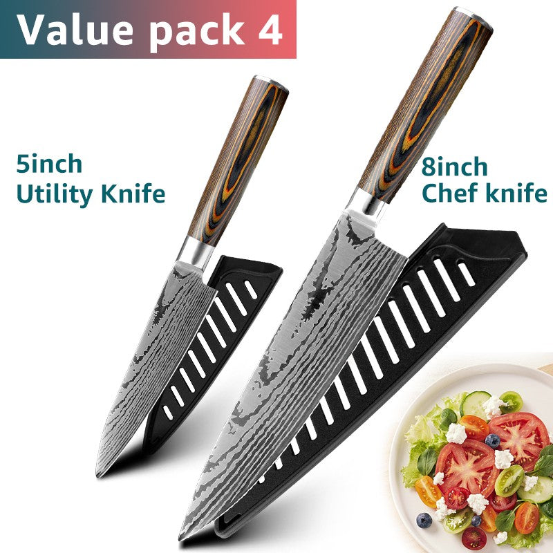 Conjunto de Facas de Cozinha 1-7PÇS Faca de Chef Japonesa Santoku 7CR17 Aço Inoxidável 440C Faca de Imitação de Damasco Cutelo de Carne Fatiador
