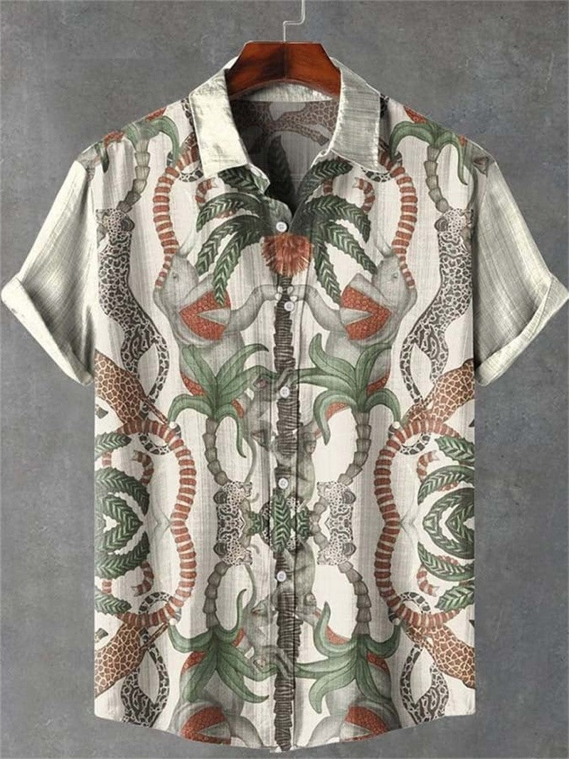 2025 tropical jungle print lapel casual Hawaiian shirt print style short sleeved casual shirt for men