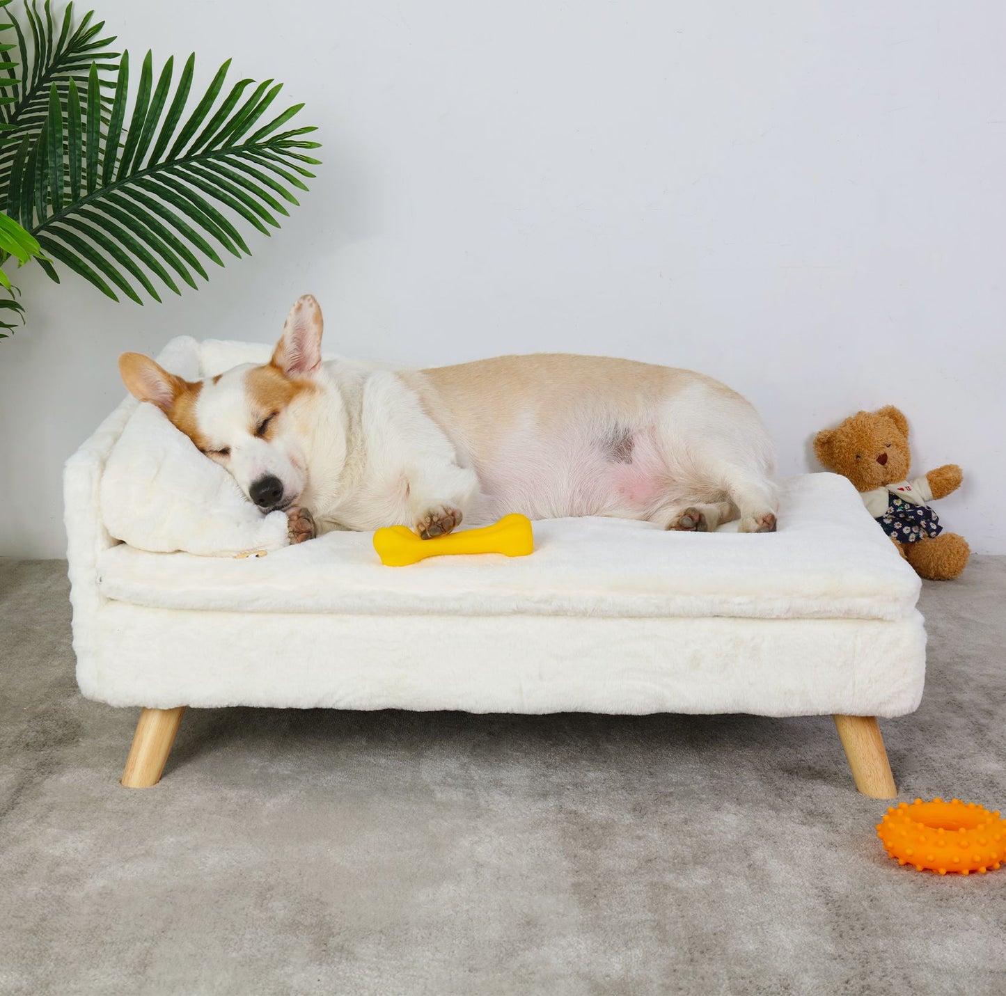 Cama Elevada para Pets Sofá de Cachorro Gato com Pernas de Madeira Sólida para Ambientes Internos Sofá em L de Pelúcia com Almofada Macia