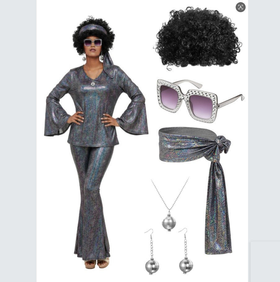 Ladies' Halloween disco party 70s disco costume set, including top, pants, sunglasses, necklace, earrings, and wig, role-playing