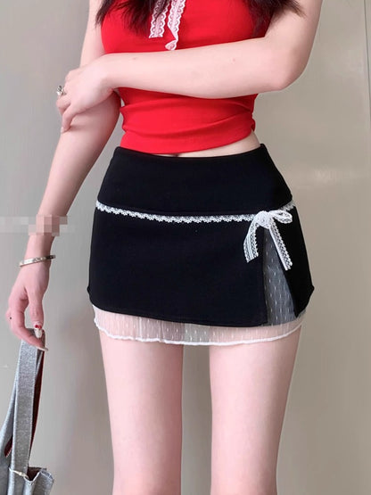 Sweet Lace Patchwork Women Skirts Summer Japanese Kawaii Bow Mini Skirts Fashion Low Waist Preppy Slit A Line Skirts New