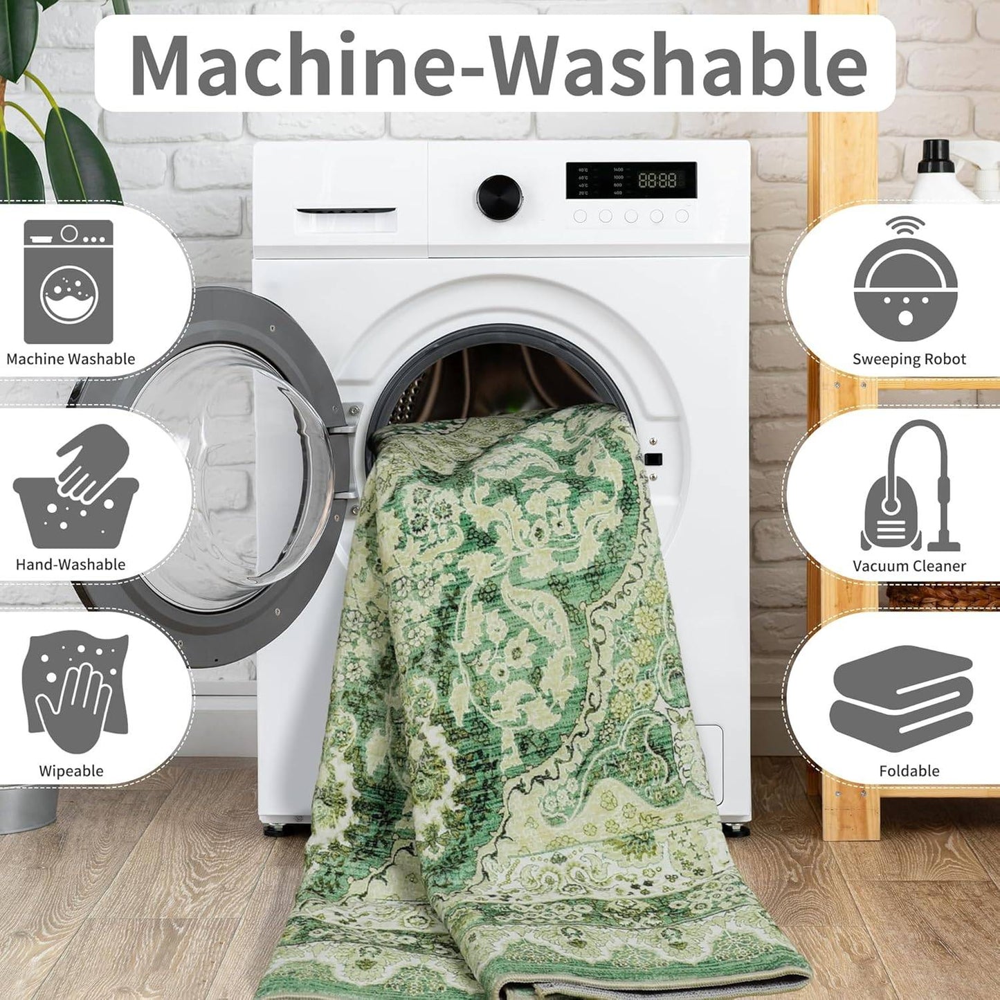 Area Rugs for Living Room, Machine Washable Vintage Rug, Non-Slip Low Pile Throw Rugs with Rubber Backing Washable Carpet