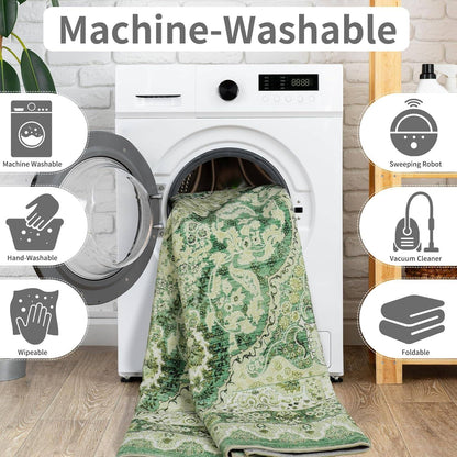 Area Rugs for Living Room, Machine Washable Vintage Rug, Non-Slip Low Pile Throw Rugs with Rubber Backing Washable Carpet