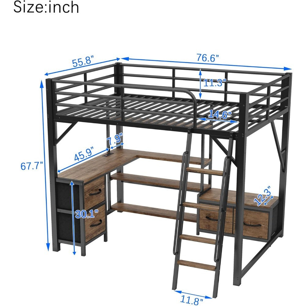 Cama Loft com Escrivaninha e Escadas, 4 Prateleiras e Gavetas de Armazenamento, Guarda-roupa, Camas Loft de Metal Completa com Luzes de LED e Ch