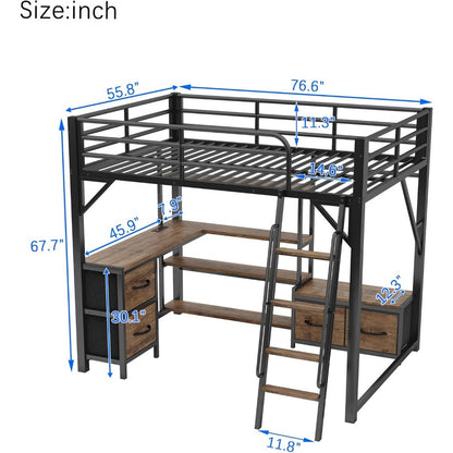 Cama Loft com Escrivaninha e Escadas, 4 Prateleiras e Gavetas de Armazenamento, Guarda-roupa, Camas Loft de Metal Completa com Luzes de LED e Ch