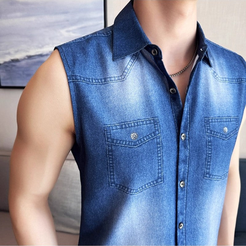 Men's Slim-Fit Sleeveless Denim Shirt Vest: WashedFabric Wrinkle-Free & Stylish Casual Wear? M-4XL