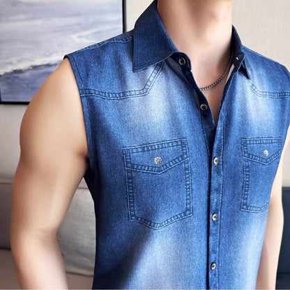 Men's Slim-Fit Sleeveless Denim Shirt Vest: WashedFabric Wrinkle-Free & Stylish Casual Wear? M-4XL