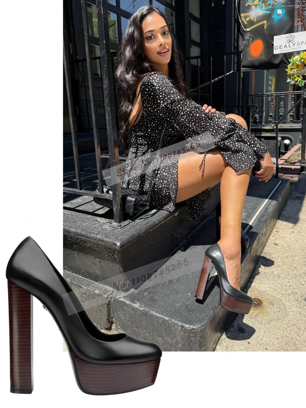 Wooden Pattern Chunky Heel Dress Pumps Black Nude Matte Platform Banquet Shoes Cork Block Heels Striped Footwear Patchwork Heels