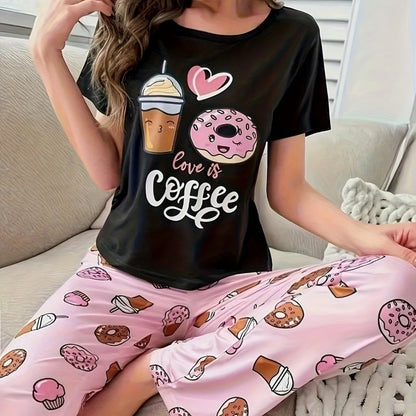 Stylish Simple Women's Summer Breathable Comfort Pajamas Women's Digital Alphabet Butterfly Print Short Sleeve Set  Sleepwear