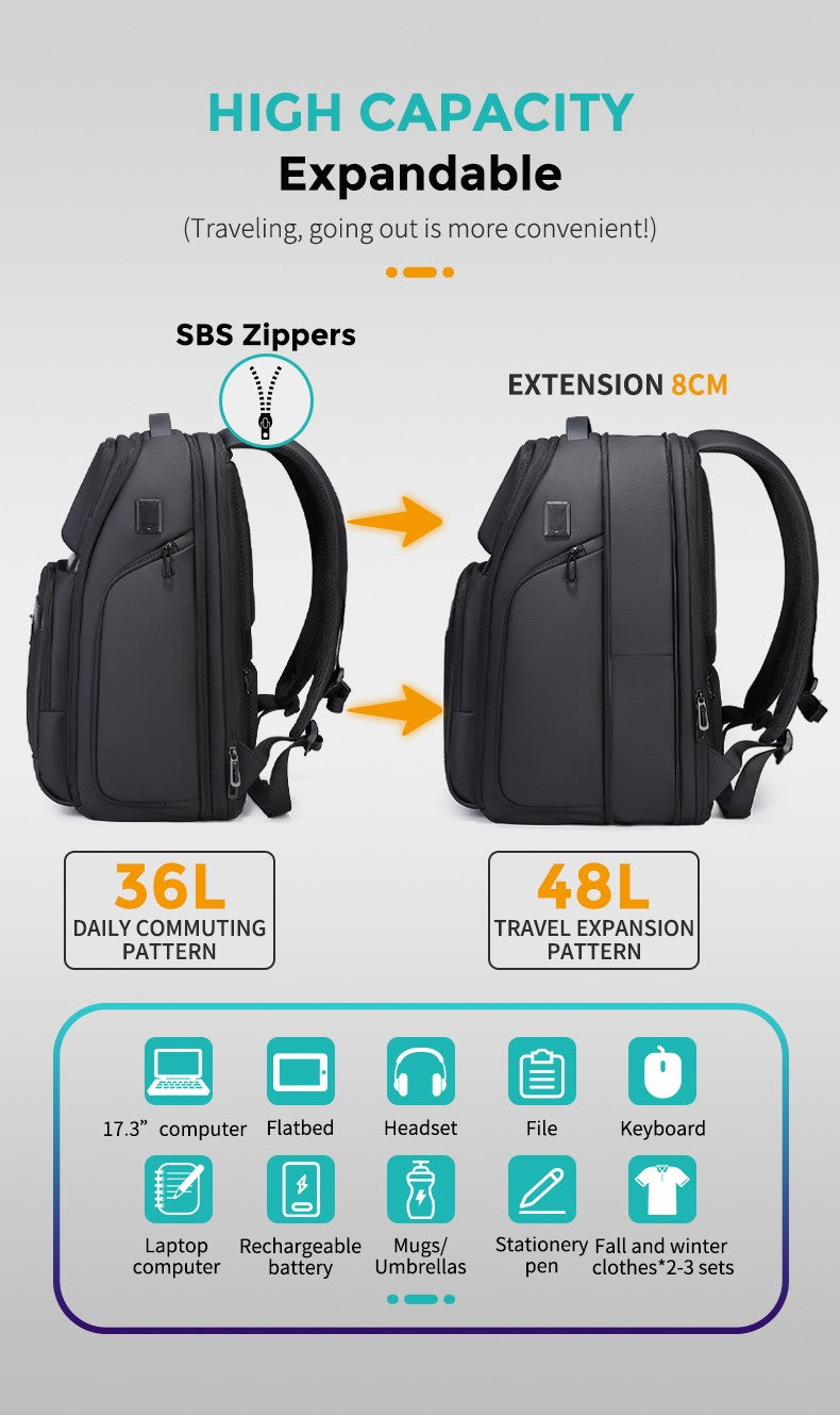 Fenruien Men 36L Business Backpack USB Waterproof  Multi Pocket Backpacks Fit 17.3 Inch Laptop