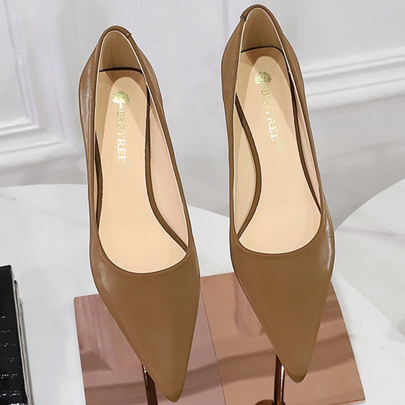 New Big Size Women's Boat Shoes Leather 4.5cm High Heels Pointed Toe Pumps Stilettos Basic Pump For Female White Black Wine Red