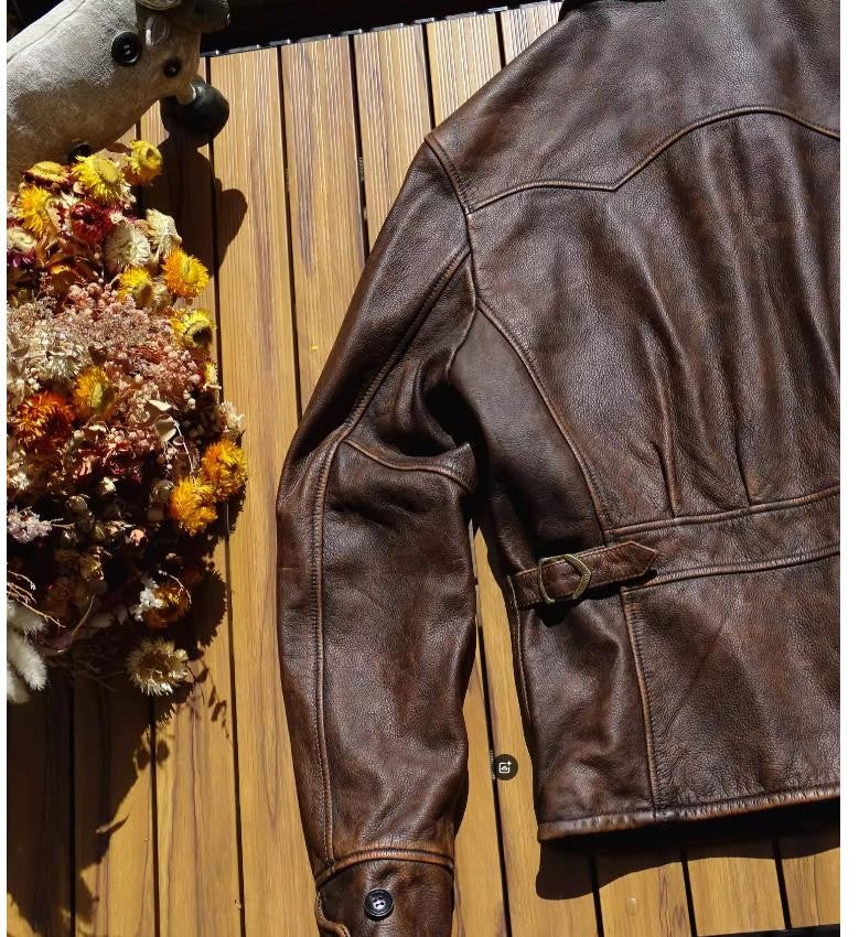 YR!Wholesales.Retro 1930 quality natural cowhide jacket.Vintage brown genuine leather coat.Slim fit.Classic Rider leather cloth