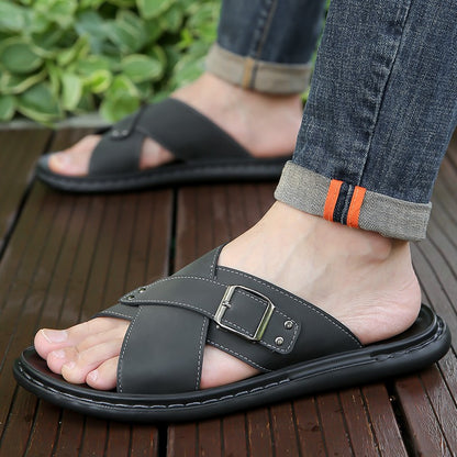 Men Summer Stylish Slippers Open-toe Soft-Soled Shoes Simple Solid Color Half Drag Slip-On Shoes Outdoor Man Comfortable Sandals
