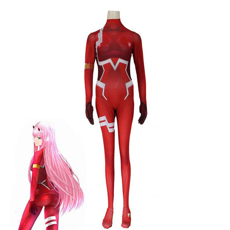 DARLING in the FRANXX Code 002 Cosplay Costume Jumpsuits Halloween Anime Cosplay Devil Horn Headdress Long Pink Wig