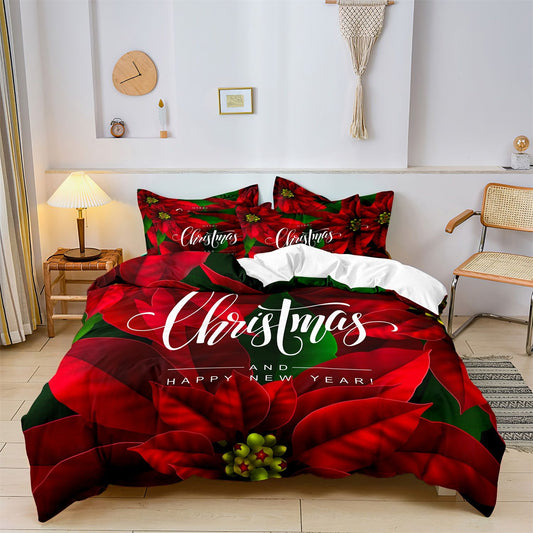 3pcs Christmas Poinsettia Duvet Cover, Holiday Bedding With Red Flowers, Perfect Xmas Gift (1*Duvet Cover + 2*Pillowcase)
