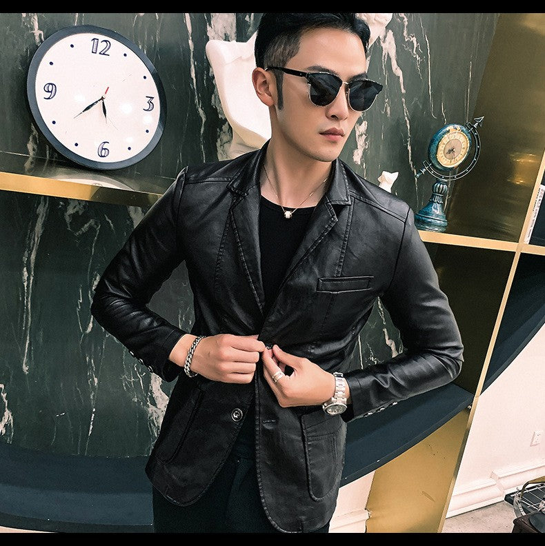 Spring/Autumn Leather Jacket - Plus Size Men's Youth Suit Collar Business Casual Leather Jacket European Sizes XS-3XL