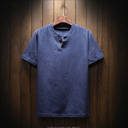 Men's Summer Loose-fit Short Sleeve Linen T-shirt Cotton Linen Body Solid Color Breathable V-neck Thin Top