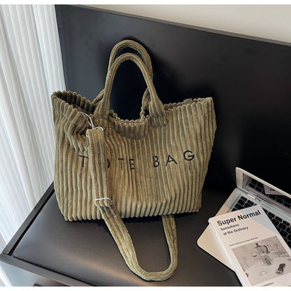Large Capacity Striped Velvet Handbag Shoulder Bag for Woman Handbags Crossbody Bags, Versatile Letter Corduroy Women's Tote Bag