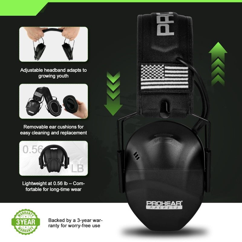 PROHEAR Youth Electronic Shooting Ear Protection Slim Fit Sound Amplification Noise Compression Earmuffs for Gun Range Hunting