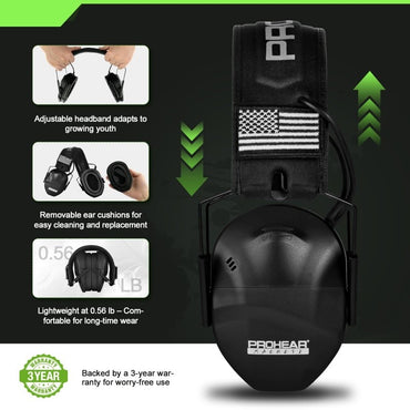 PROHEAR Youth Electronic Shooting Ear Protection Slim Fit Sound Amplification Noise Compression Earmuffs for Gun Range Hunting