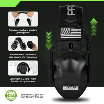 PROHEAR Youth Electronic Shooting Ear Protection Slim Fit Sound Amplification Noise Compression Earmuffs for Gun Range Hunting