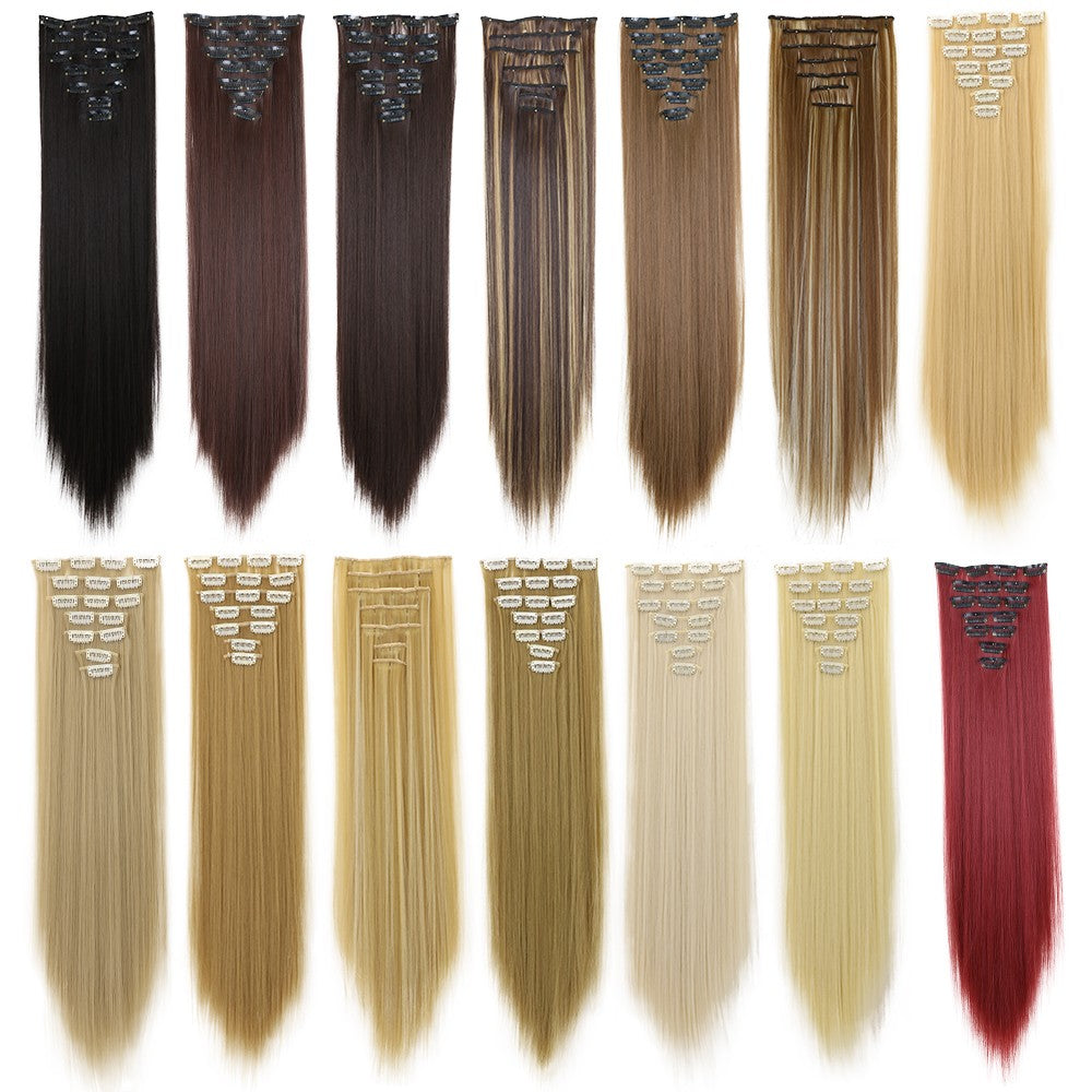 LANSA 7Clips Aplique de Cabelo Sintético Liso Comprido de Encaixe Extensões de Cabelo de Encaixe Cheveux Clipe Fibra Natural de Alta Temperatura Preto Marrom Peça de Cabelo