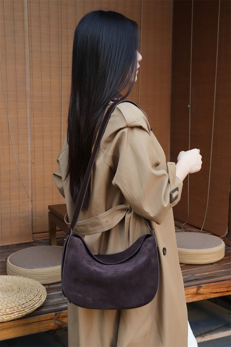 Burminsa Suede Genuine Leather Hobo Shoulder Bags For Women 2025 Luxury Designer Crescent Crossbody Purses Work Ladies Handbags