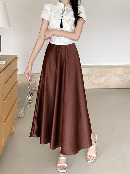 Plus Size Satin Half-Body Skirt Female 2026 Spring New Korean Fashion Temperament Elegant Solid Casual A-line Skirts