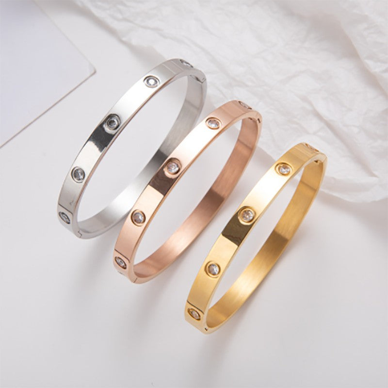 Bracelete Feminino de Aço Inoxidável 6mm 4mm Pulseira de Mão Feminina Joia da Moda Feminina Strass Designer Presente Aço Titânio