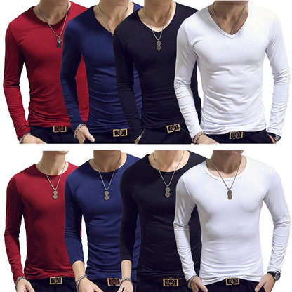 White Solid Color Basic Slim Men T-shirt Spring Autumn Bottoming Shirt Men Round Neck V-neck Casual Tops Long-sleeve Shirts