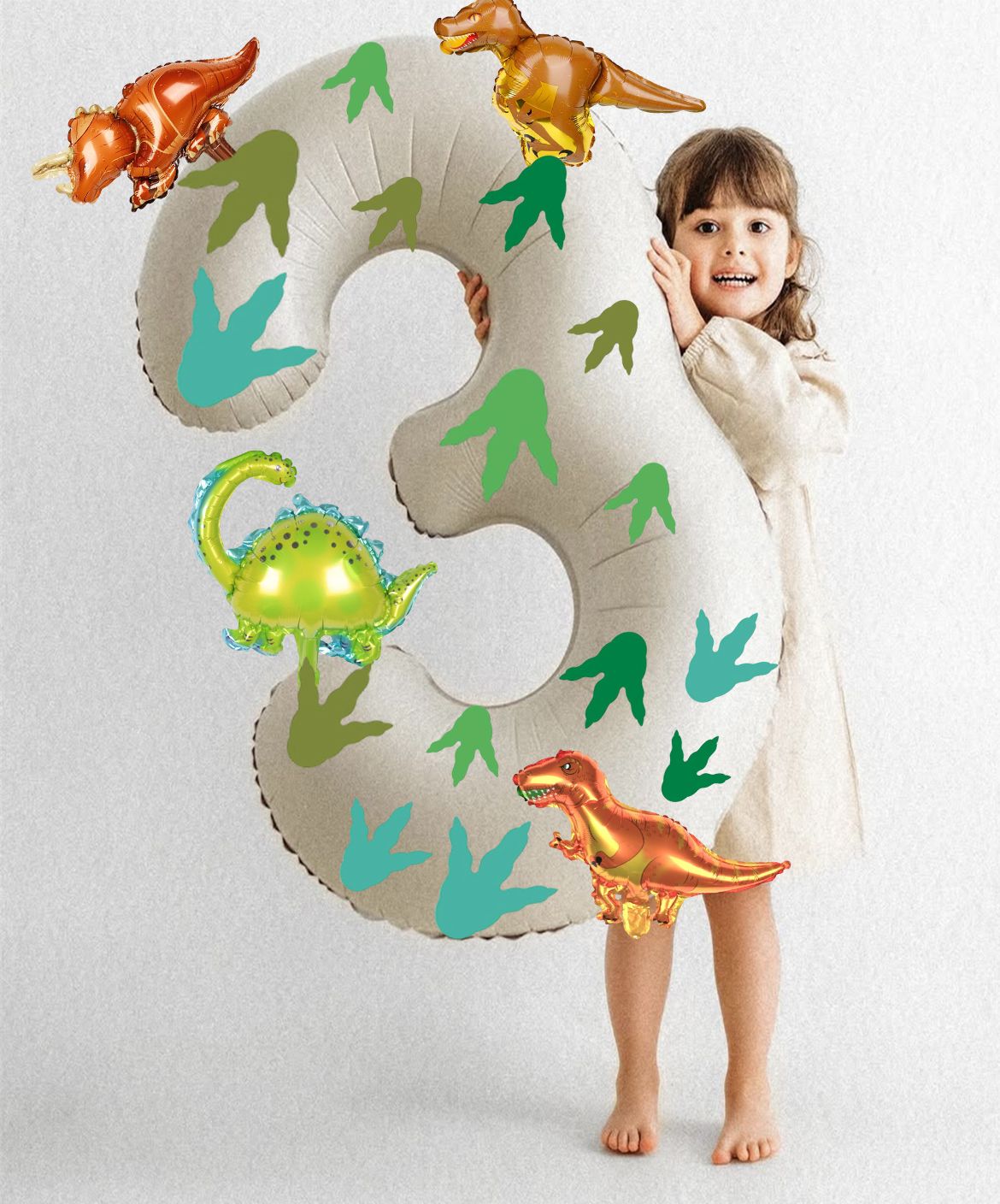 32 inch milky white aluminum foil digital balloon with 15pc dinosaur footprints and 4pc dinosaur balloons for birthday parties