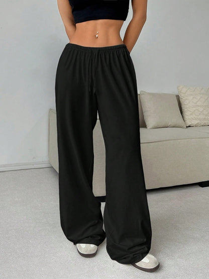 Elegant Solid High Waist Baggy Pants Fashion Women Loose Drawstring Pocket Wide Leg Pants Casual Sweatpant Streetwear Trousers