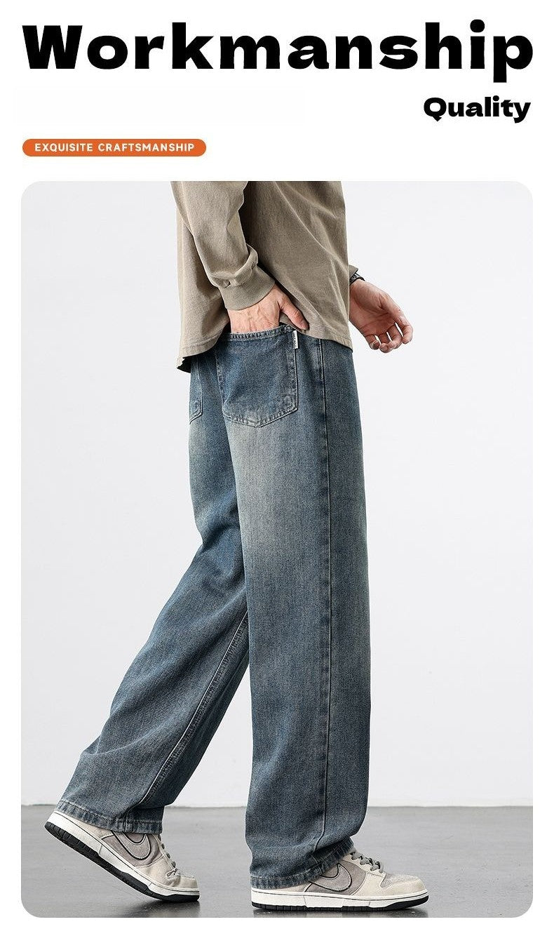 Calça Jeans Masculina Reta Vintage de Primavera Outono Calça Casual de Alta Qualidade Masculina Coreana Moderna Folgada de Perna Larga